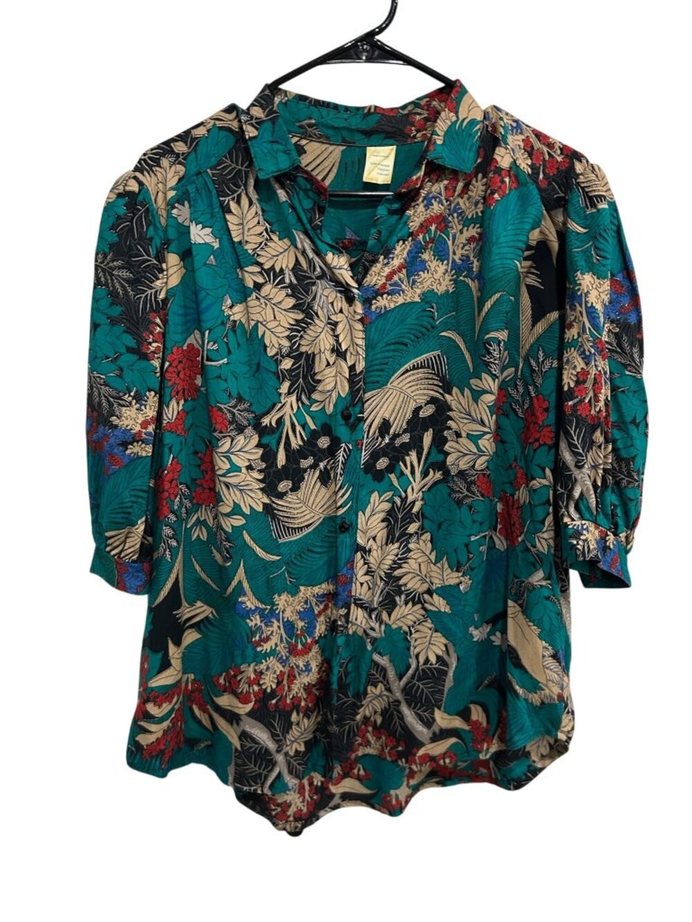 Vintage Womens Floral Button-Up Viscose Blouse 3/4 Sleeve Boho Cottagecore
